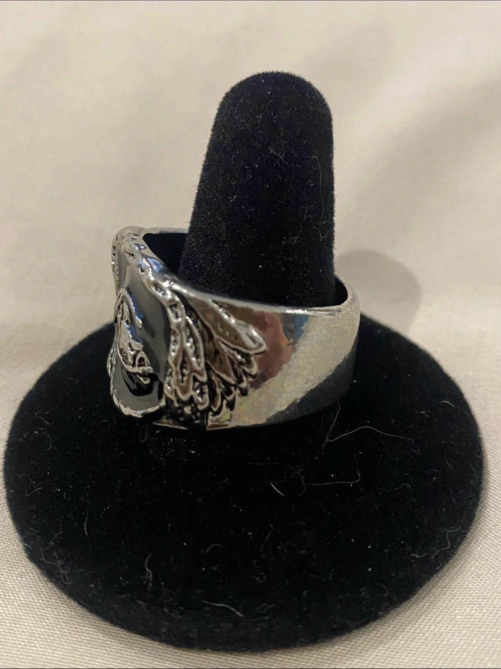 Silver-Tone Men's Motorcycle Emblem Ring in Black Enamel